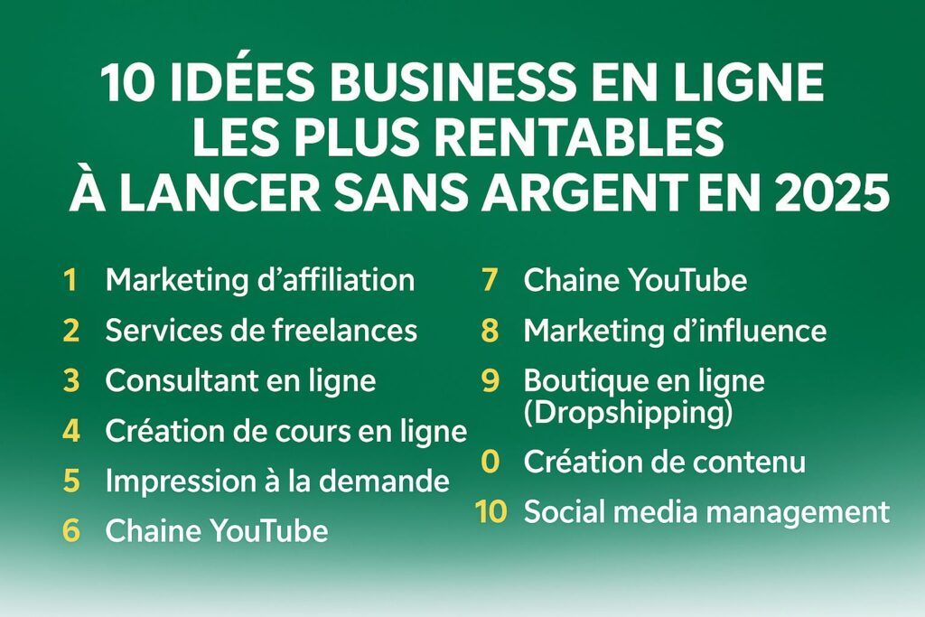 10 idées business en ligne les plus rentables à lancer sans argent en 2025