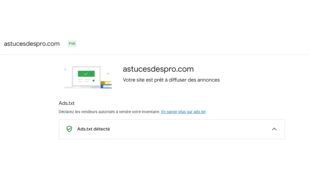 Preuve de conformité : Domaine astucesdespro.com validé par le réseau Google AdSense.